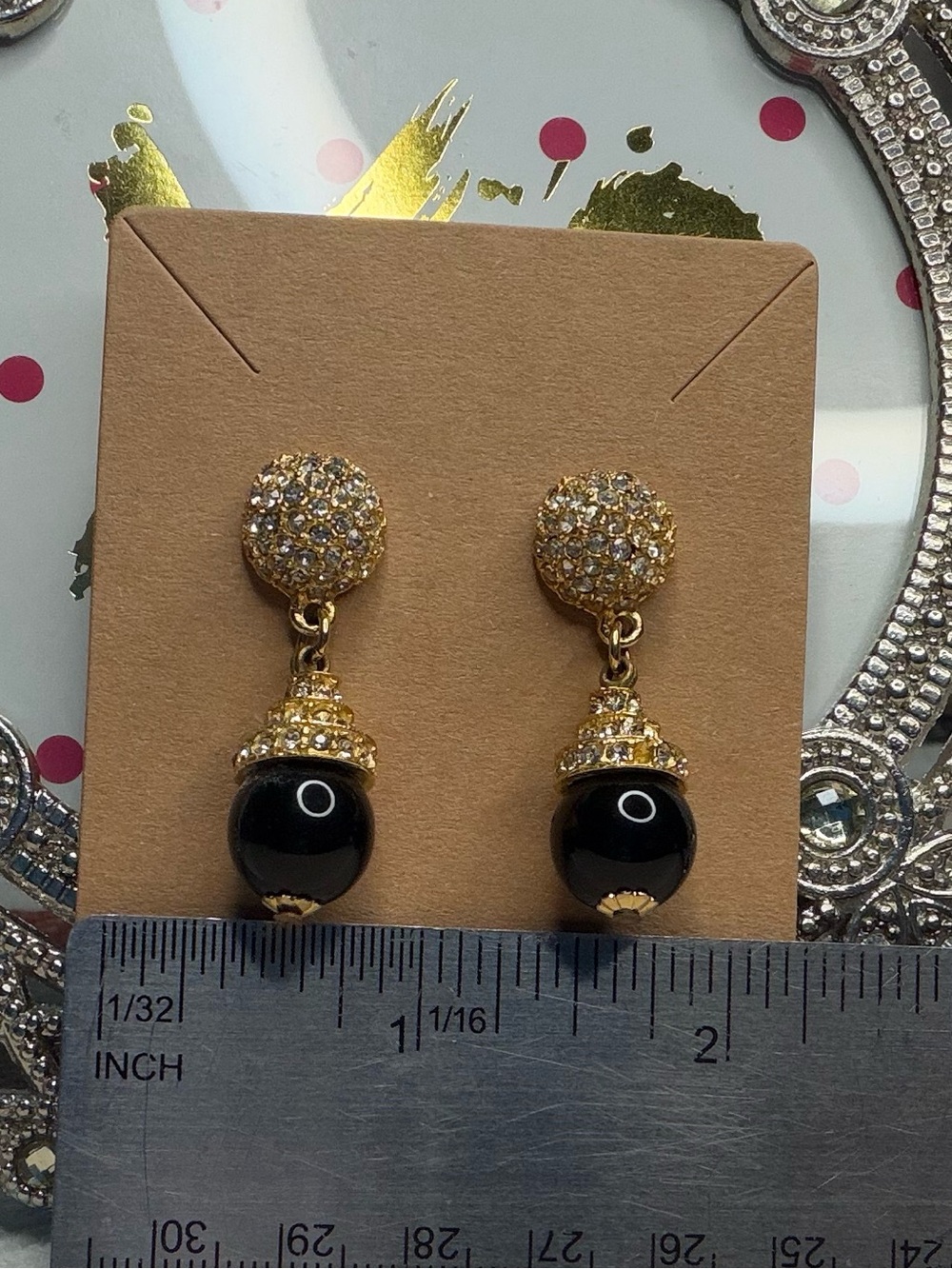 Inspired 80s Pave Crystal Button Black Bauble Drop Earrings Gold Tone Glam EUC